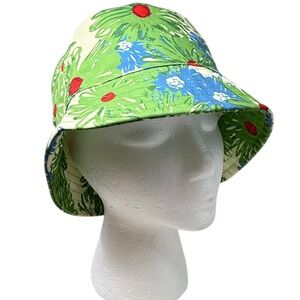 Tory Burch Floral Bucket Hat Womens OS Green Blue Excellent Logo Sun Hat 147627
